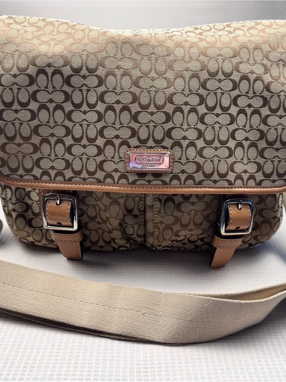 Coach Tan Signature Canvas Messenger Bag with Brown Leather Trim